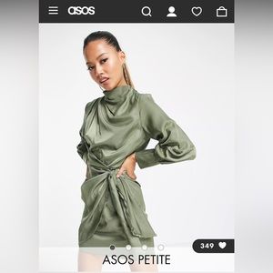 ASOS DESIGN Petite pleat cowl neck mini dress with tie skirt in khaki.  Sz 8